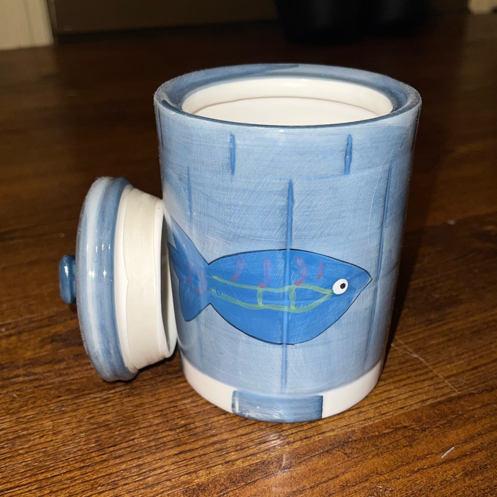 September Inc. Hand Painted Ceramic Nautical Blue Art Deco Jar W/ Lid Vintage